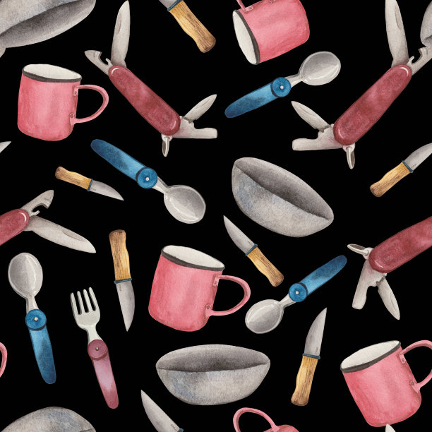 水彩无缝图案供游客和游客使用。旅行碗，勺，刀，叉和多工具。时尚的图案，以填补各种产品的背景图片下载
