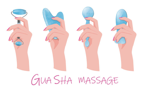 手握不同的刮痧工具进行面部按摩。刮刀和按摩滚筒。白色背景上的孤立设计元素。EPS10。图片下载