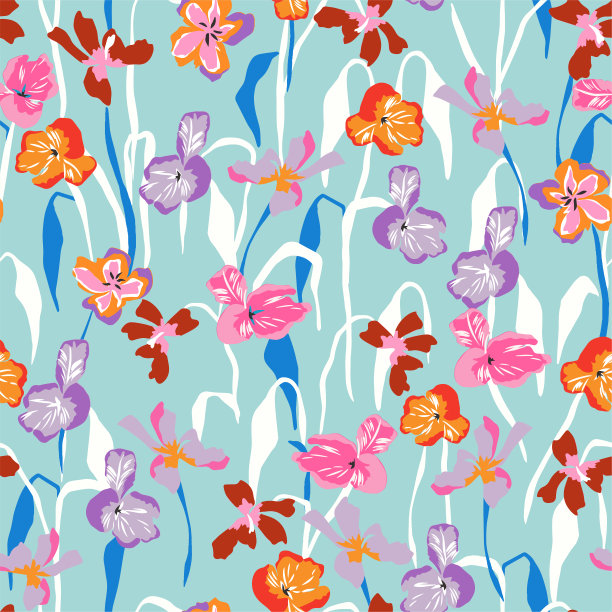 矢量手绘彩色花朵和叶子插图图案无缝重复图案数字文件图案艺术品家居装饰打印时尚织物纺织图片下载