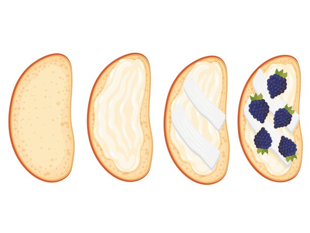 黄油和黑莓三明治。意式烤面包。健康食品配方。素食主义。简单的卡通风格的绘画。矢量插图。图片下载