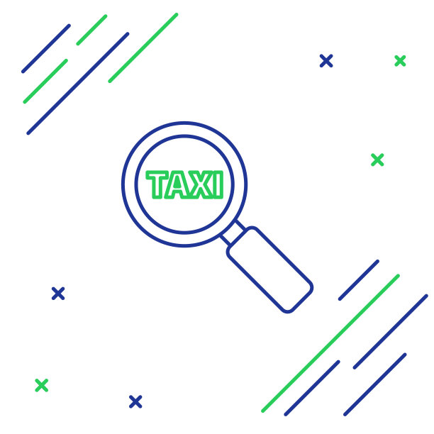 线放大镜和出租车的图标孤立在白色的背景。出租车搜索。色彩斑斓的轮廓的概念。向量图片下载