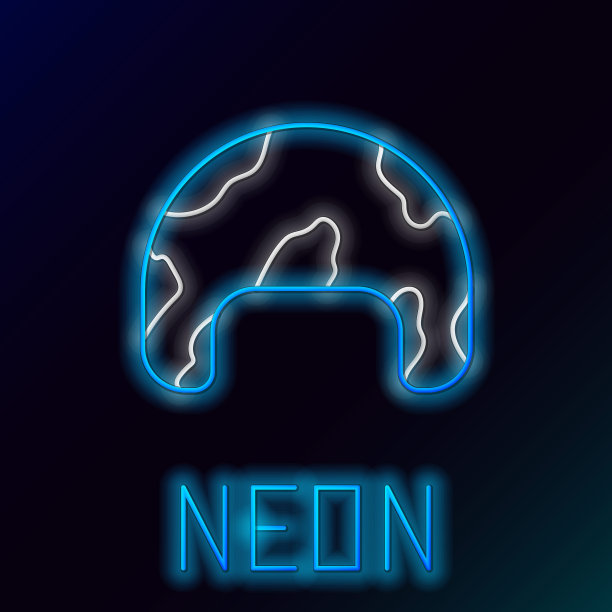 蓝色发光的霓虹线军事头盔图标孤立在黑色背景。军帽象征着防卫和保护。防护帽。色彩斑斓的轮廓的概念。矢量图图片下载