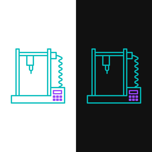 线3D打印机图标隔离在白色和黑色背景。色彩斑斓的轮廓的概念。向量图片下载
