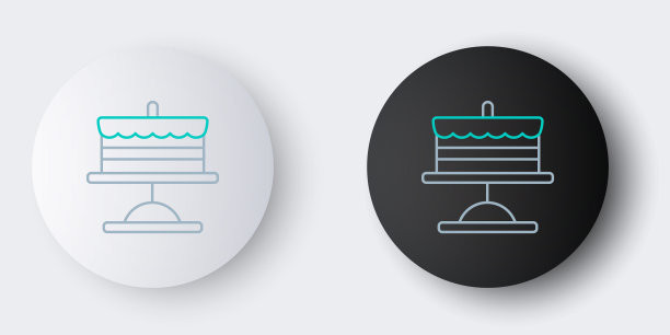 在灰色背景上孤立的盘子图标上的线蛋糕。生日快乐。色彩斑斓的轮廓的概念。向量图片下载