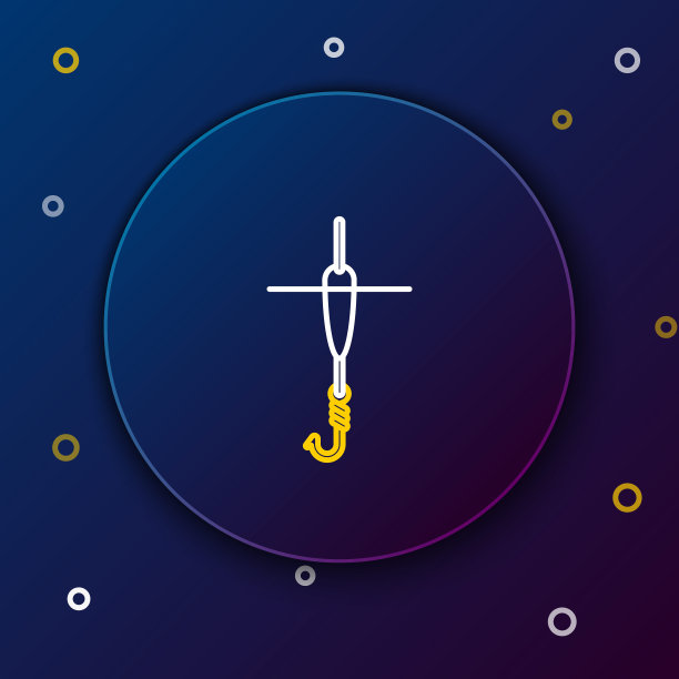 白色和黄色线钓鱼钩和浮动图标孤立在深蓝色的背景。渔具。色彩斑斓的轮廓的概念。矢量图图片下载