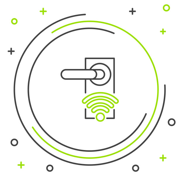 黑色和绿色线数字门锁与无线技术解锁图标隔离在白色背景。门把手的迹象。安全智能家居。色彩斑斓的轮廓的概念。矢量图图片下载