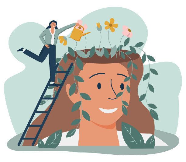 小人和美丽的花园内女头孤立的平面矢量插图。卡通人物治愈心灵和灵魂的快乐生活方式。心理健康和信息图概念图片下载