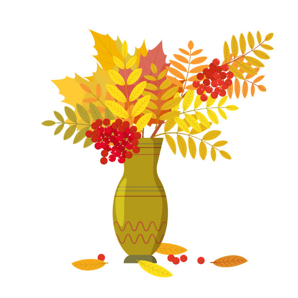 装饰花瓶中的秋花和枫莓花束。室内装潢、明信片、传单或海报的设计元素矢量插图孤立在一个白色背景在平面风格。图片下载