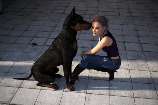 清晨的阳光下，一个年轻女子蹲着，她的宠物狗用鼻子蹭她的脸。图片下载