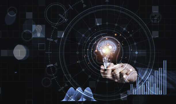 商人手持灯泡，虚拟大脑和信息图表，创造性思维的想法和创新的概念。图片下载