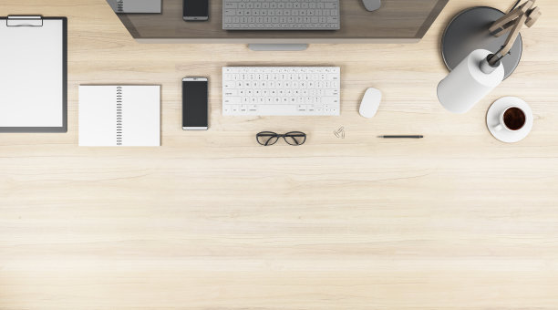 俯视图木质办公室工作场所与空模型布局，用品和设备。3 d渲染。图片下载