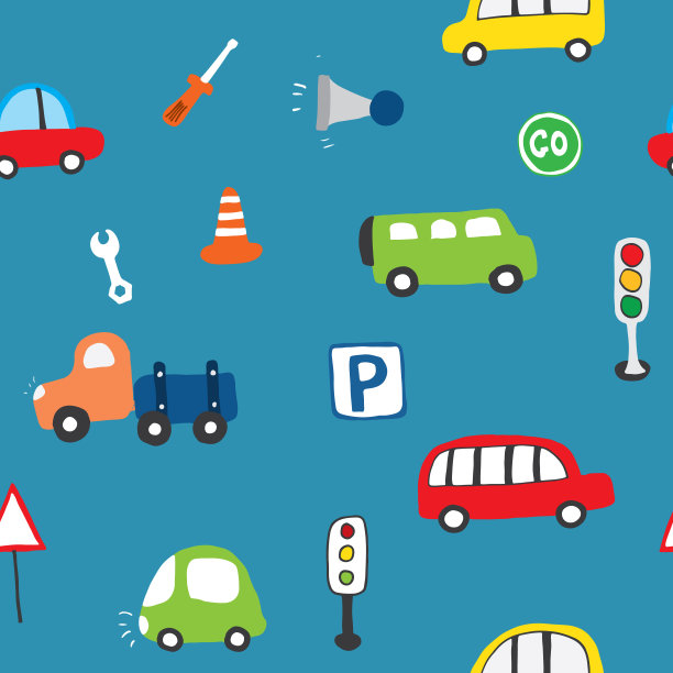 可爱的汽车无缝图案，卡通交通涂鸦背景，矢量插图图片下载