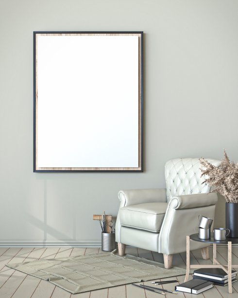 模拟空白的相框与真皮扶手椅3D图片下载
