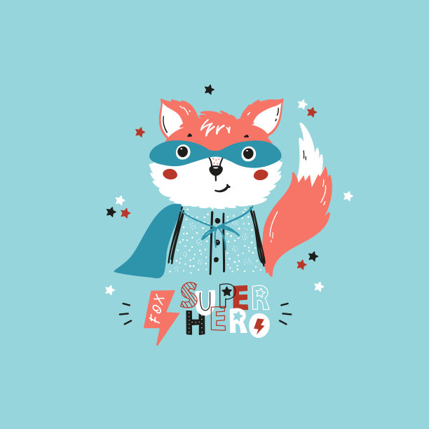 t印设计的孩子与滑稽可爱的狐狸在面具和超级英雄披风。卡通涂鸦的动物。儿童矢量插图海报图片下载