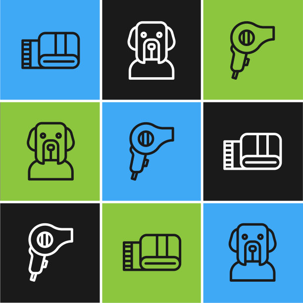 设置线毛巾堆叠吹风机和狗图标图片下载