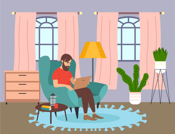 一个男人坐在家里的扶手椅上使用笔记本电脑图片下载