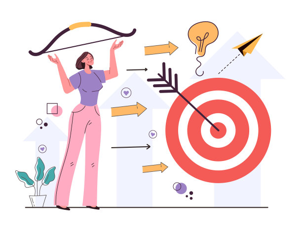 女商人的性格正中靶心。实现财务职业生涯成功理念的途径。矢量平面设计插图图片下载