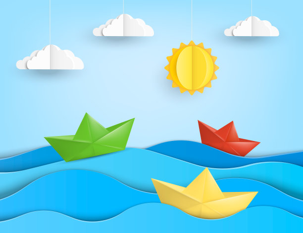 折纸船在蓝色的海洋中航行，纸艺术的风格。矢量插图。图片下载