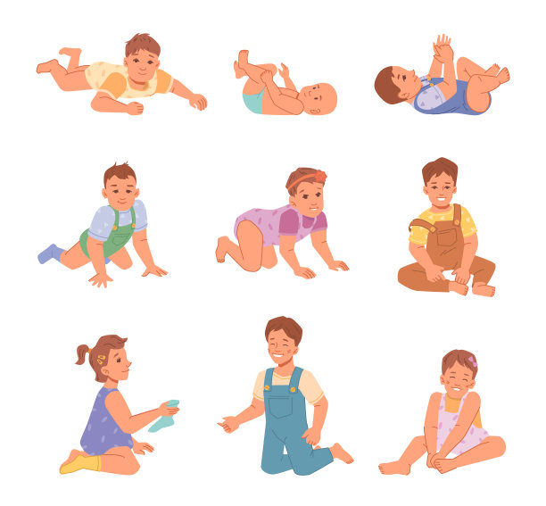 躺着爬着的小男孩和小女孩，孤立的成长中的孩子。男女幼儿，童年快乐，儿童穿着服装发展。平面卡通人物，矢量图片下载