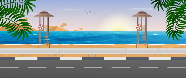 海的看法。海滩上的救援塔。旅游行程。通往海边的道路。矢量插图。图片下载