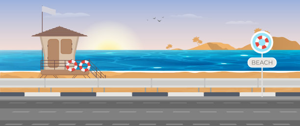 海的看法。海滩上的救援塔。旅游行程。通往海边的道路。图片下载