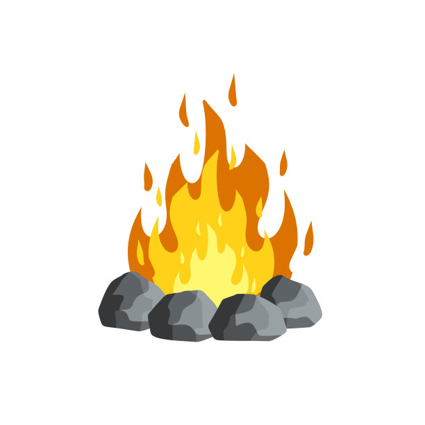 红色的篝火。橙色的火焰。旅游篝火。徒步旅行的元素。热和热的物体。火衬着石头。卡通平面插图图片下载