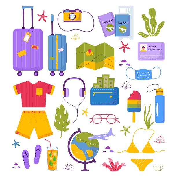 旅游用品套装，适合探险旅游、旅游。旅行装饰设计用热带树叶、贝壳、衣服、饰品、鞋子、旅行箱、行李等用于旅游。平面卡通现代矢量。图片下载