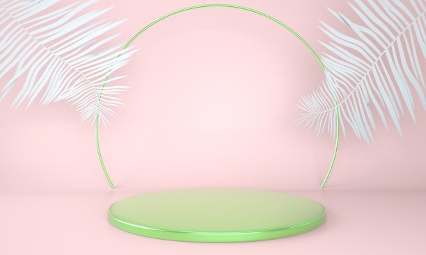 产品展示平台装饰与树叶粉彩背景，3d插图图片下载