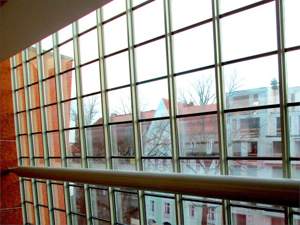 冬季老城裸树街道窗户玻璃视图图片下载