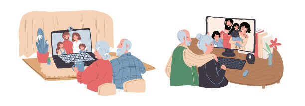 与卡通扁平的老年人物在线聊天图片下载