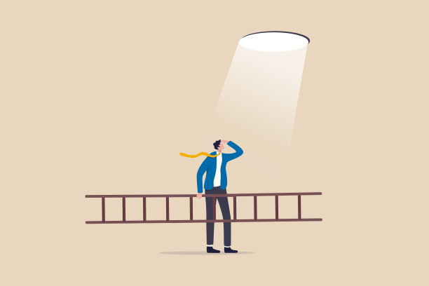 企业希望解决危机问题，计划和策略达到成就，梯子的成功理念，商人抱着梯子望着希望的光计划攀登和通过洞逃跑。图片下载