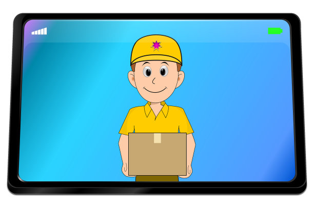平板电脑与友好的快递送包裹- 3D插图图片下载