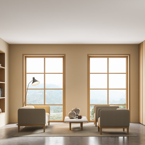 米色客厅内饰有扶手椅、沙发、书架和窗户图片下载