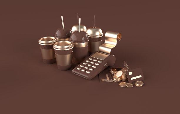 一套一次性咖啡杯，POS终端，信用卡和硬币模型3d渲染图片下载