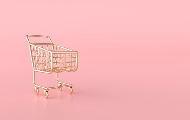 金色购物车在粉红色的背景3d渲染图片下载