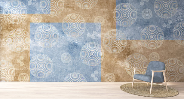 现代室内椅子与独特的墙纸和生态地毯，3d渲染，3d插图图片下载