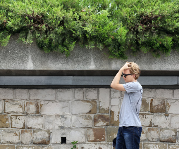 一个迷人的少年站在砖墙前的肖像。图片下载