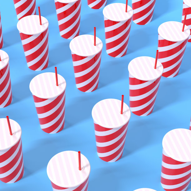 汽水饮料杯的3D渲染与红色条纹在蓝色。极简主义的风格。模式的背景图片下载