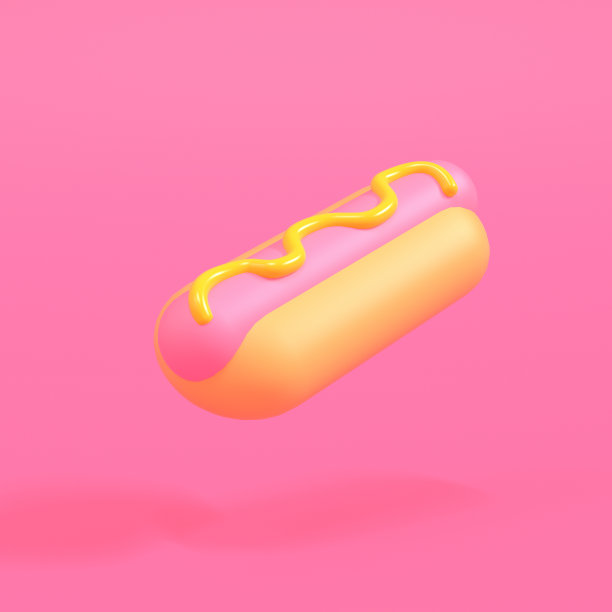 热狗与芥末在粉红色的背景上的空气的3D渲染。图片下载