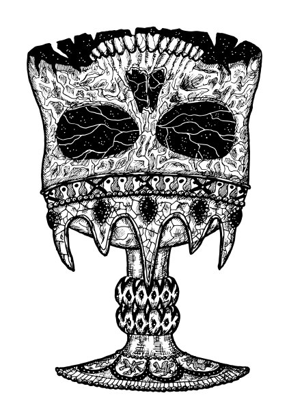 黑色和白色的可怕插图矢量头骨作为一个古老的圣杯或杯子。图片下载