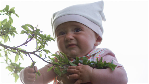 婴儿触摸树枝和做鬼脸的特写肖像。热爱大自然的人在阳光明媚的日子里去户外。图片下载