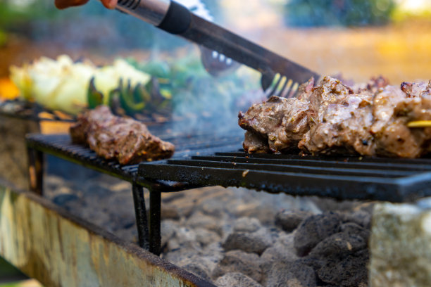 牛排、辣椒和洋葱在户外用火钳在木炭烤架上烹饪图片下载