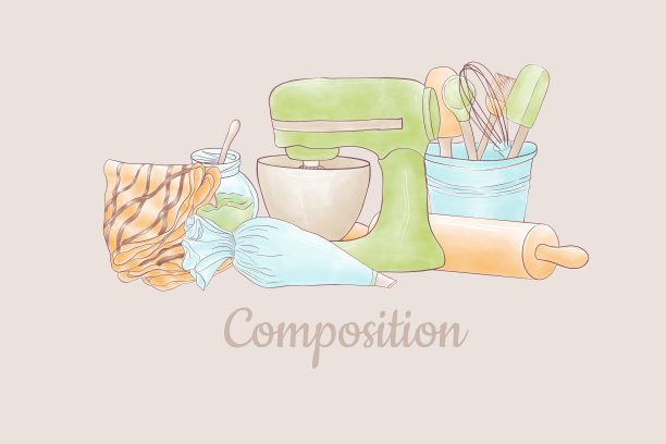 厨房用品图片组合-糕点袋，擀面杖，搅拌机与碗，桶与汤匙，煎饼与果酱图片下载