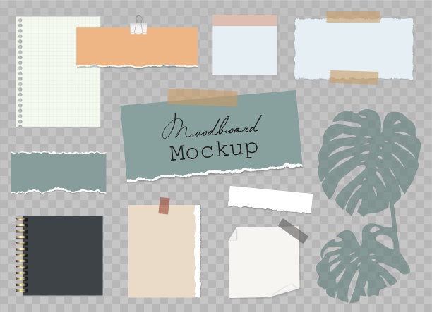 情绪板模板与不同的多颜色的笔记在粘性胶带，纸片，记事本和怪物树叶孤立在透明的背景。现代设计模型，社交媒体。向量EPS10。图片下载