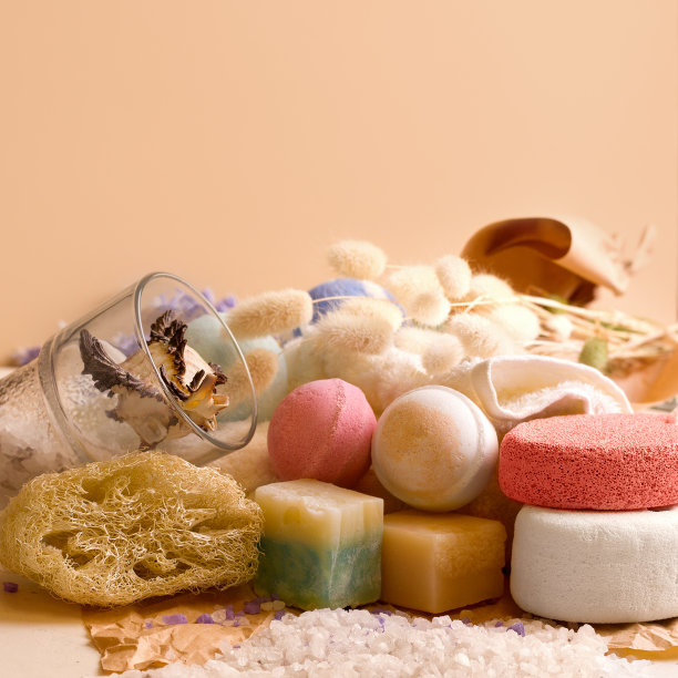 一套在米色背景上洗澡的产品。本空间图片下载