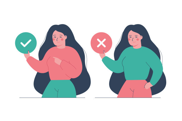 卡通妇女拿着圆圈，上面有“接受”和“拒绝”标记。“是”和“不是”的概念。矢量图图片下载