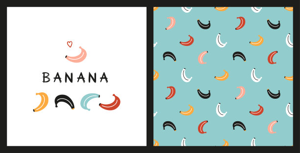 可爱的香蕉向量集。无缝图案和印刷或海报与彩色香蕉。夏季背景和卡片与热带水果图片下载