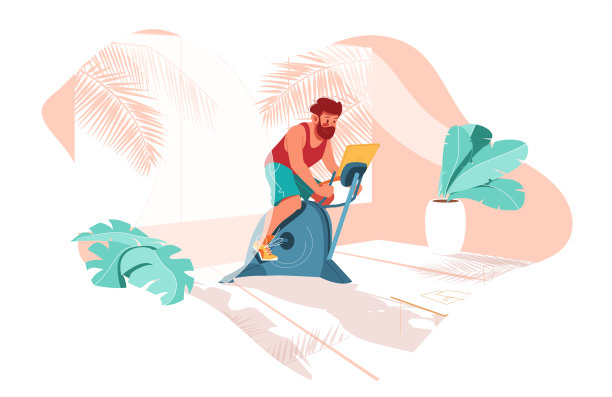 在家健身。男人骑自行车模拟器图片下载