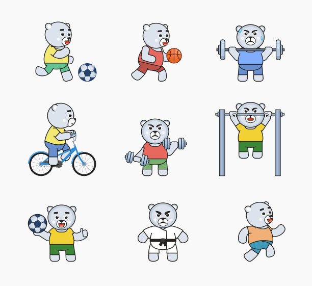 吉祥物白熊在运动，健身集图片下载