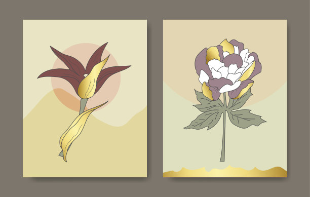 豪华封面设计模板。热带线条艺术手绘金奇异的花和叶。设计为包装设计、社交媒体帖子、封面、横幅、墙体艺术、黄金几何图案设计矢量图片下载